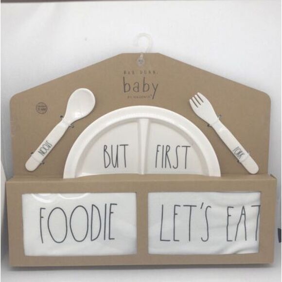 Rae Dunn 5 Pc Baby Plate, Spoon, Fork Bib And One Piece Gift Set - Picture 1 of 3